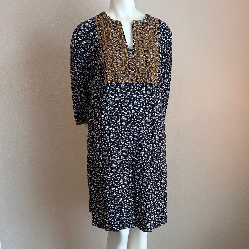 J. Jill Navy Floral Dress with Gold Detailing